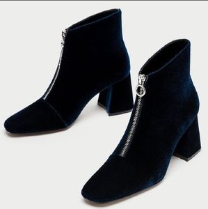 Blue front zip velvet ankle boots